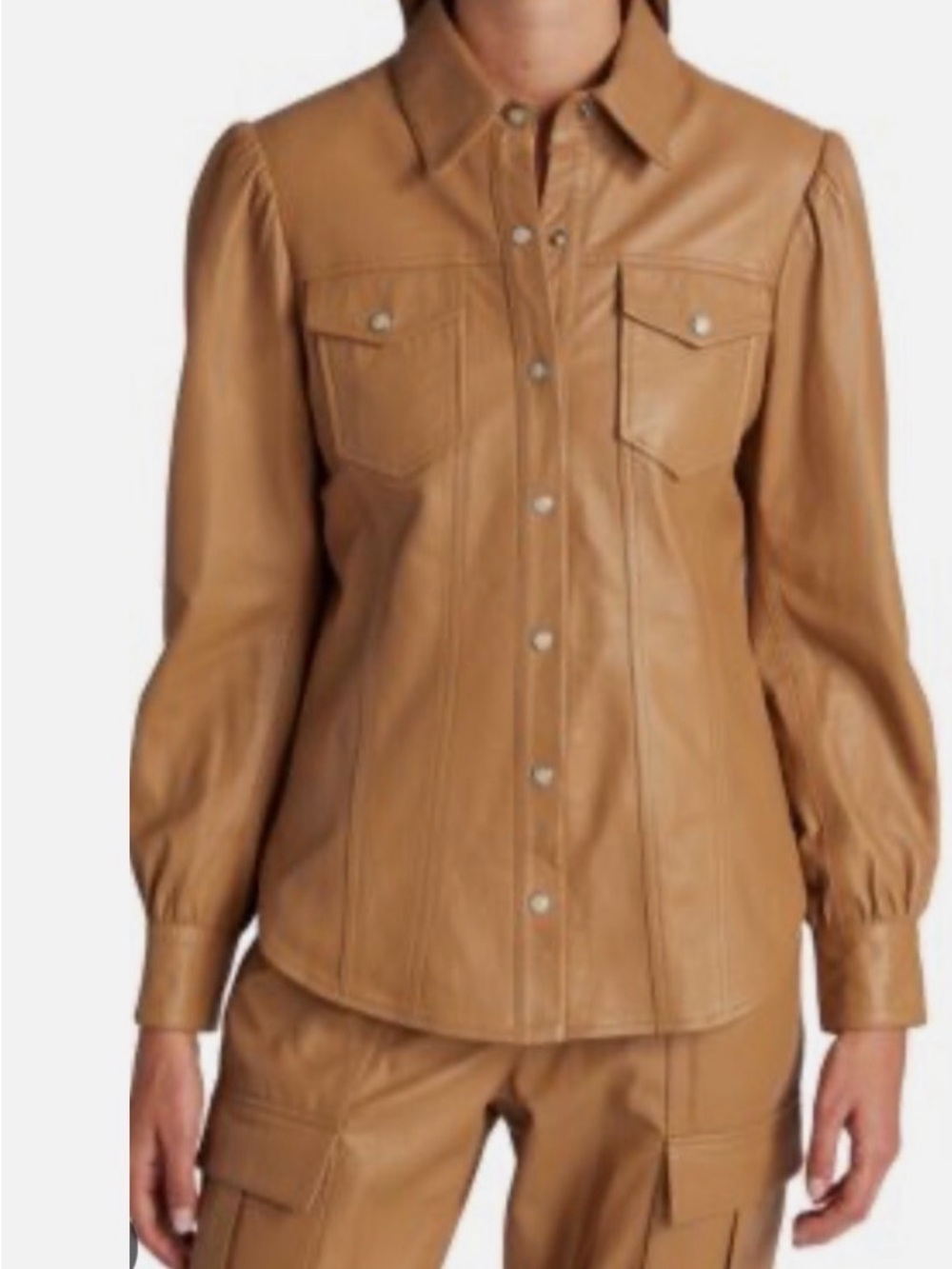 cinq a sept Tan Faux Leather Snap-Front Shirt Jacket
